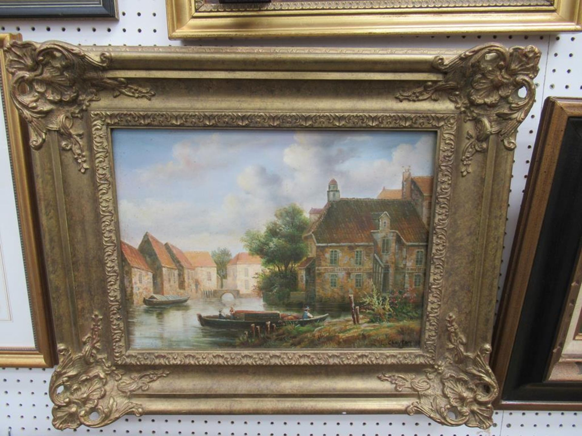 Oil on Board of Town on River Signed L. Clayton 1900 in Frame (39cm x 29cm)