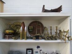 Shelf of Assorted Brassware including stands, candlesticks, plates etc