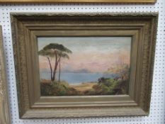 Oil Canvas of Lake by City and Mountains signed H. Wilson (29cm x 44cm)