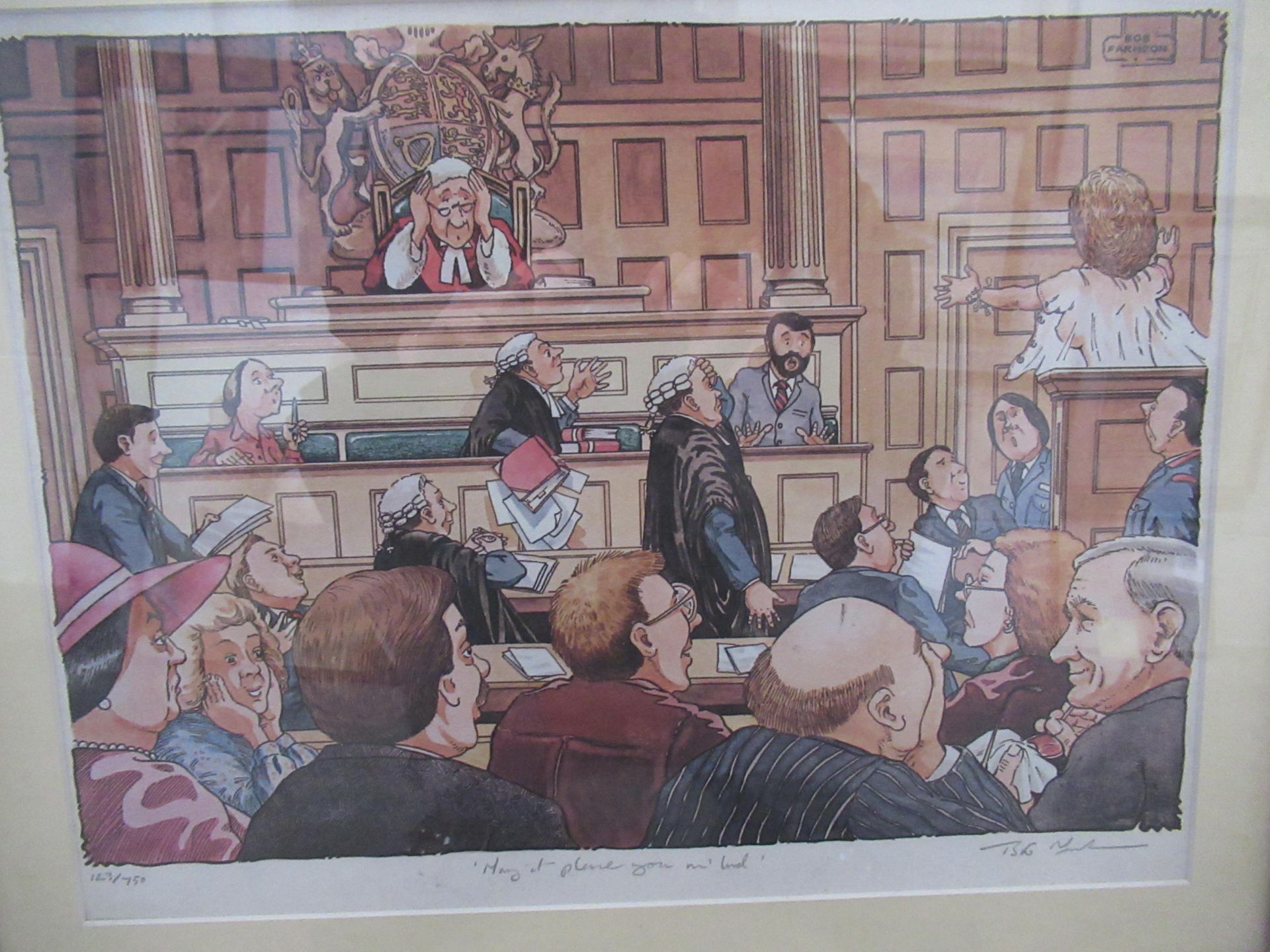 Three Bob Farndon Comedic Court Room Prints (33cm x 42cm) - Image 4 of 4