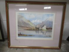 Water Colour of Castle by Lake Signed Fred Scott (largest 23cm x 33cm)