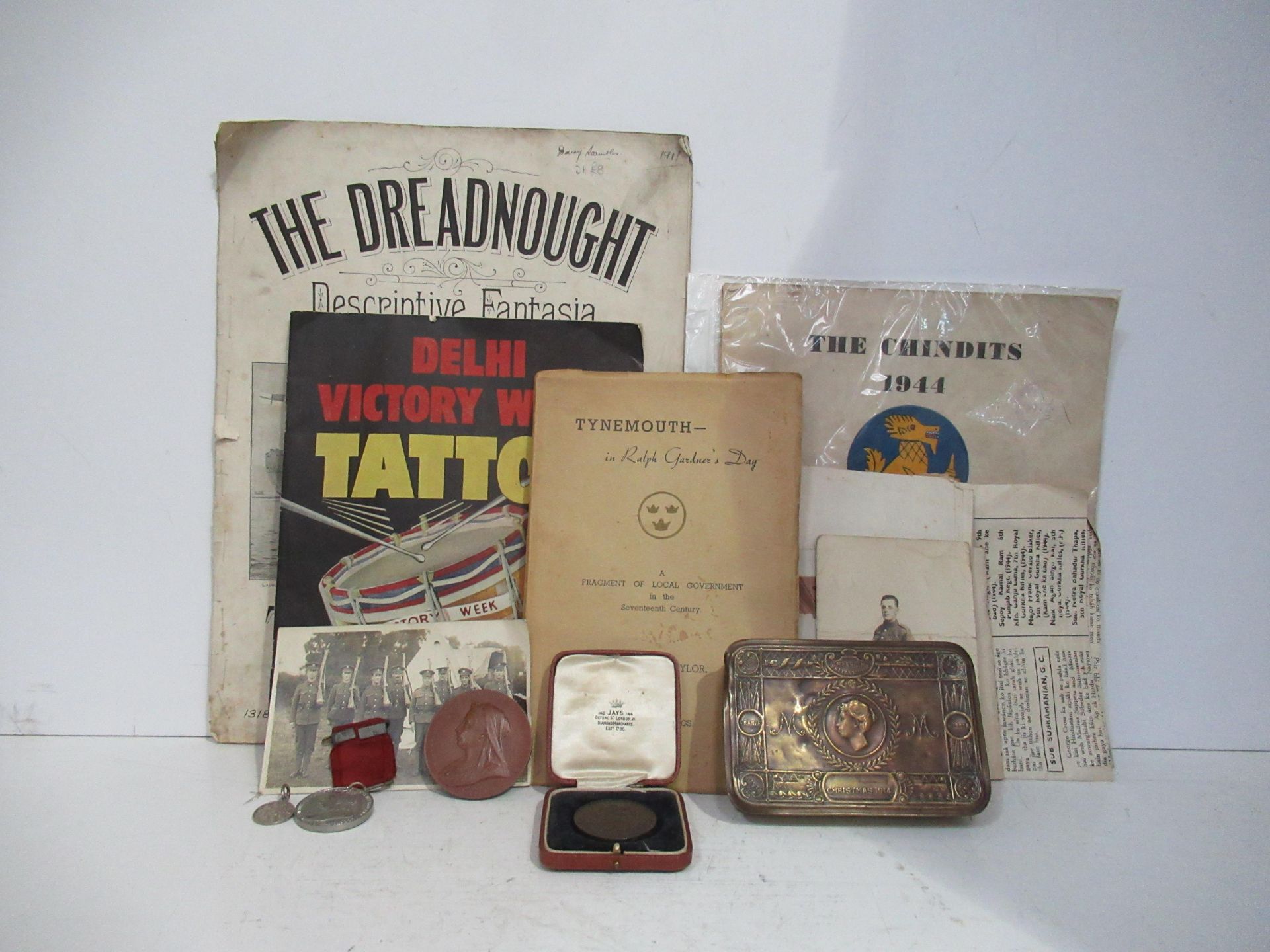 Assorted Militaria Including Medals, Christmas 1914 Tin, Commemorative Coin and Dossier