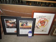 Two MG Adverts and Oldsmobile ads (framed) (largest 32cm x 22cm)