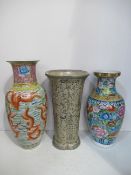 Three Oriental (Probably Chinese) Painted Vases (41cm, 36cm, 36cm tall)