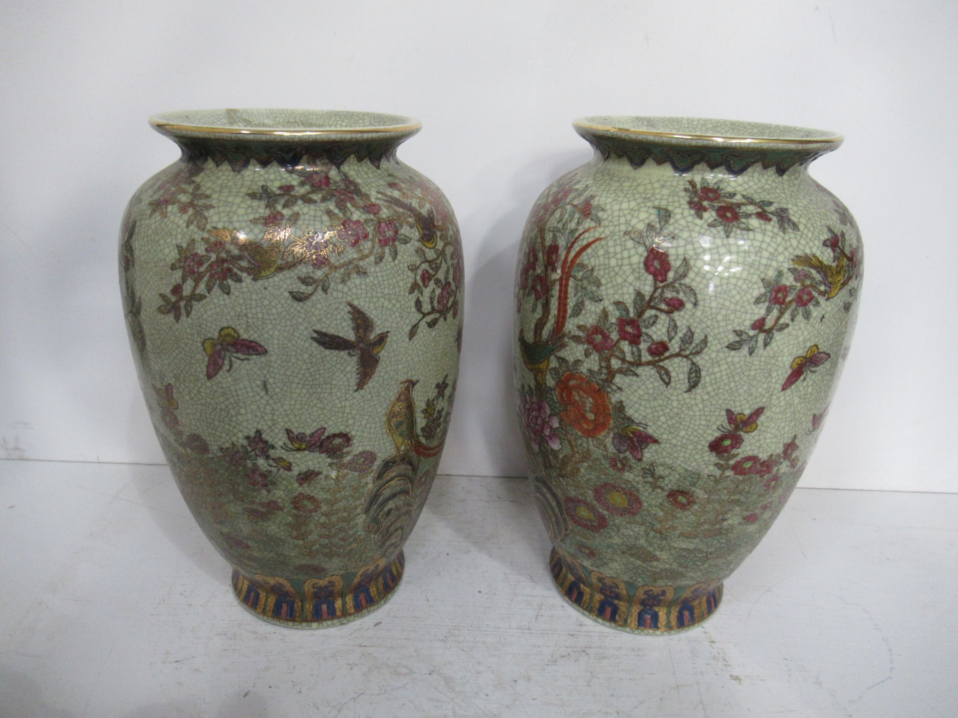 A Pair of Crackled Glazed Chinese Painted Satsuma Vases (26cm) - Image 2 of 7