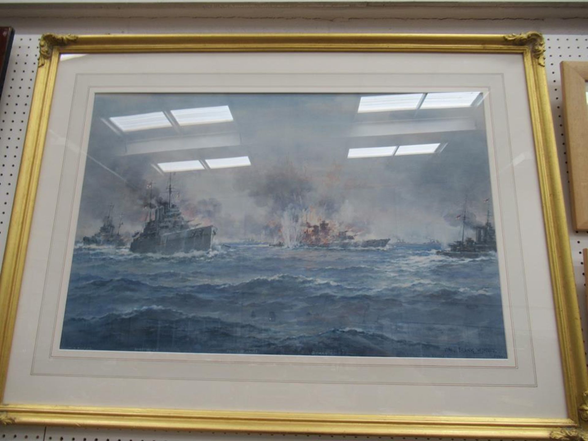 Water Colour 'The End of the Bismarck' signed and dated by Frank Wood 1941 (47cm x 73cm)