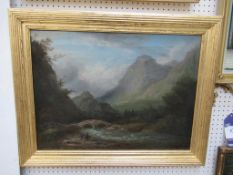 Oil on Canvas of Fishing Man and Boy by Mountains by Unknown Artist in Frame (60cm x 45cm)