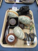 Assortment of items to tray, including French Compass, Light, R&J Beck Binoculars, Hawick Balls etc