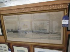 Lithograph of 'Revenge Leaving Jarrow' by Mites M Lund (?) (Largest 42cm x 86cm)