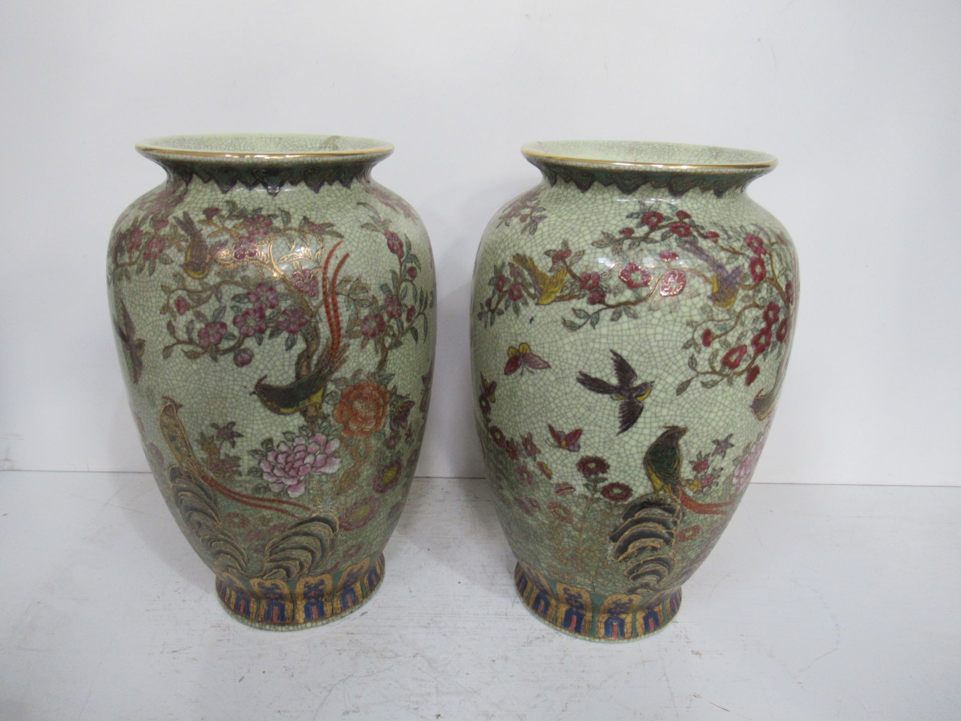 A Pair of Crackled Glazed Chinese Painted Satsuma Vases (26cm)