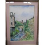 Wate Colour 'Dean Village', Edinburgh Modern, Signed by Justine (50cm x 34cm)