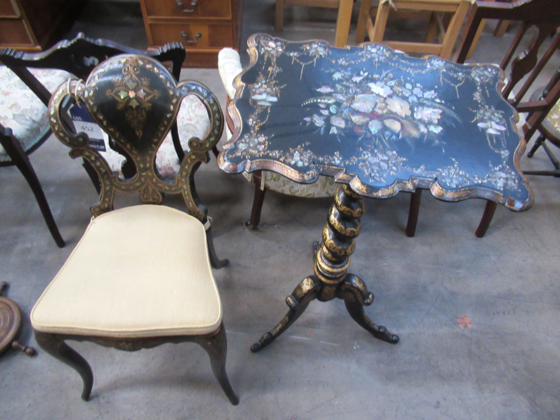 T.H Jennings Papier-mâché Victorian Chair with Papier-mâché Lacquered Gilded Tilt Top Table with Mot