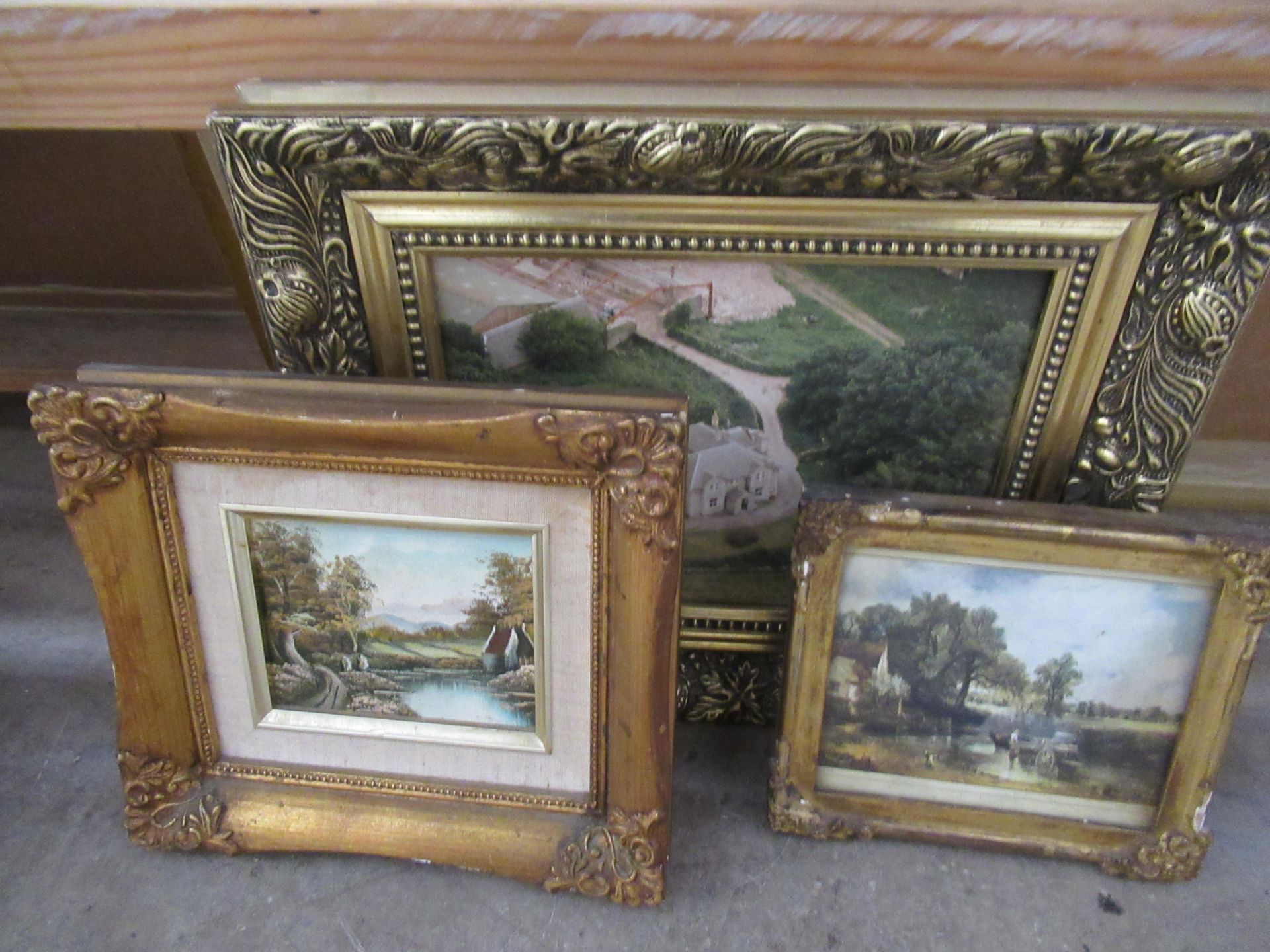 Lithograph, water colour and Photograph all in Gilt Frames (largest 18cm x 22cm)