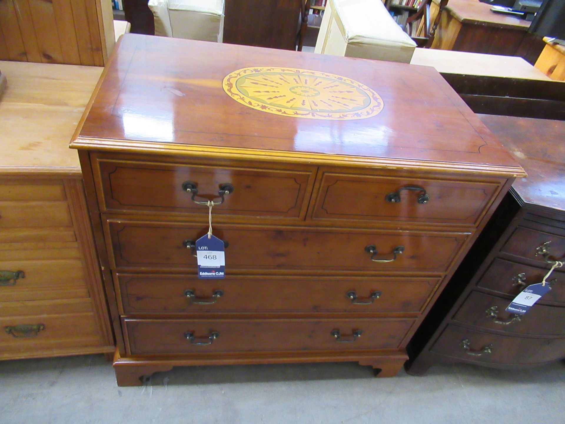 Marquetry Inlaid Chest of Five Drawers (92cm x 95cm x 53cm)