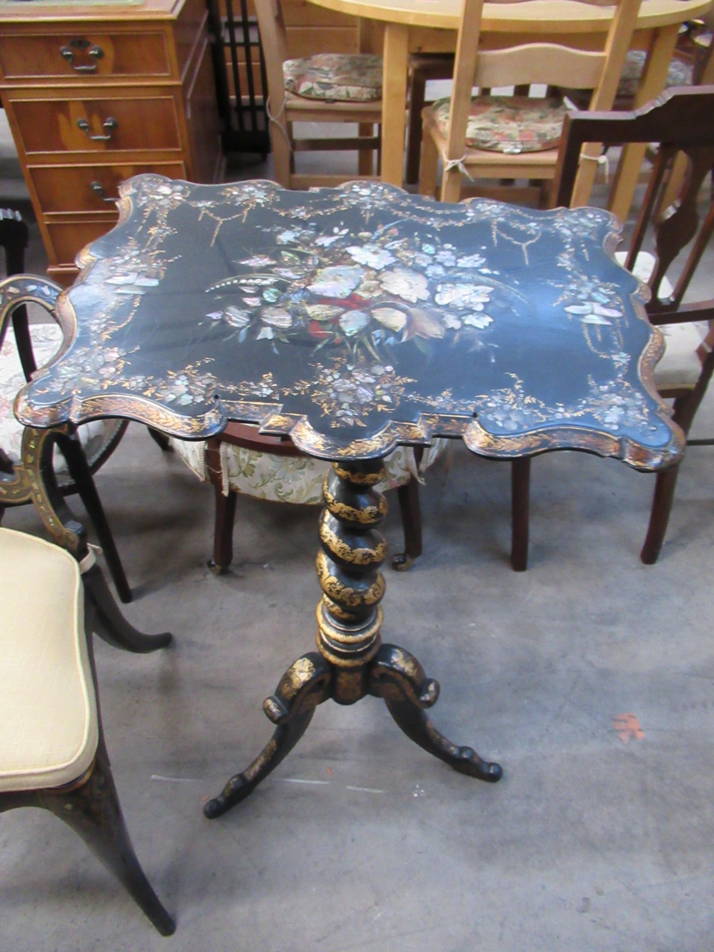 T.H Jennings Papier-mâché Victorian Chair with Papier-mâché Lacquered Gilded Tilt Top Table with Mot - Image 2 of 3