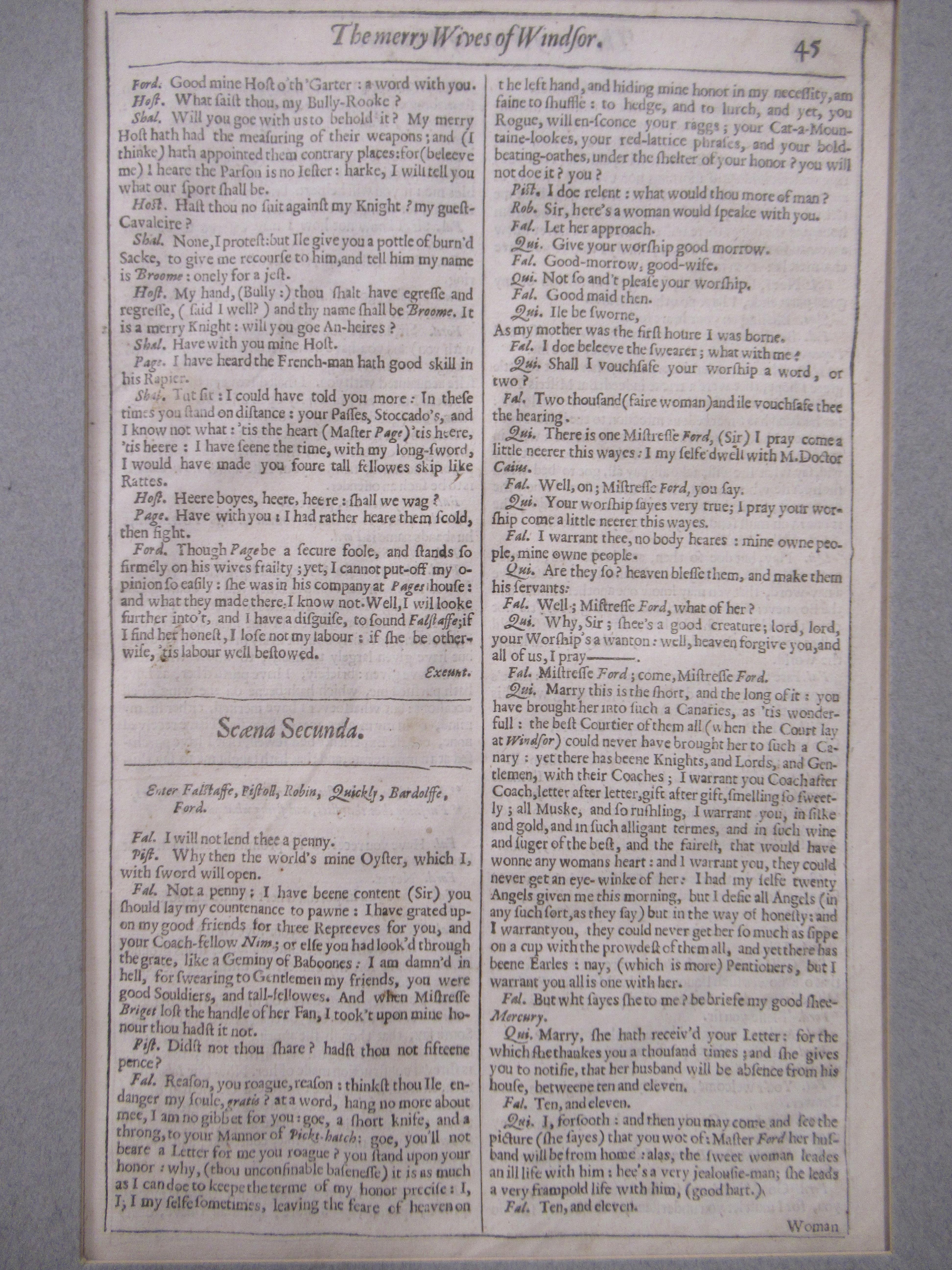 Shakespeare's 2nd Folio. A Single Page 'The Merry Wives of Windsor' Mounted
