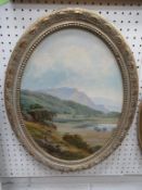 Oil on canvas of Oval Form 'Mountain Lake' signed by A.Grant-Kurtis (39cm x 28cm)