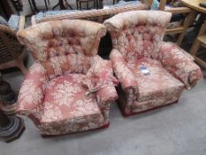 Two Upholstered Arm Chairs together with a Matching Foot Stool
