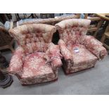 Two Upholstered Arm Chairs together with a Matching Foot Stool