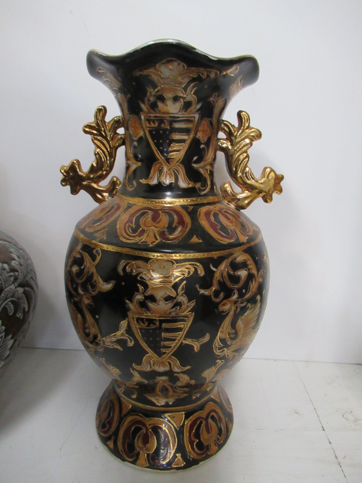 Two Chinese Black and Orange Vases together with two Urns (27cm vase/23cm urns) - Image 3 of 15