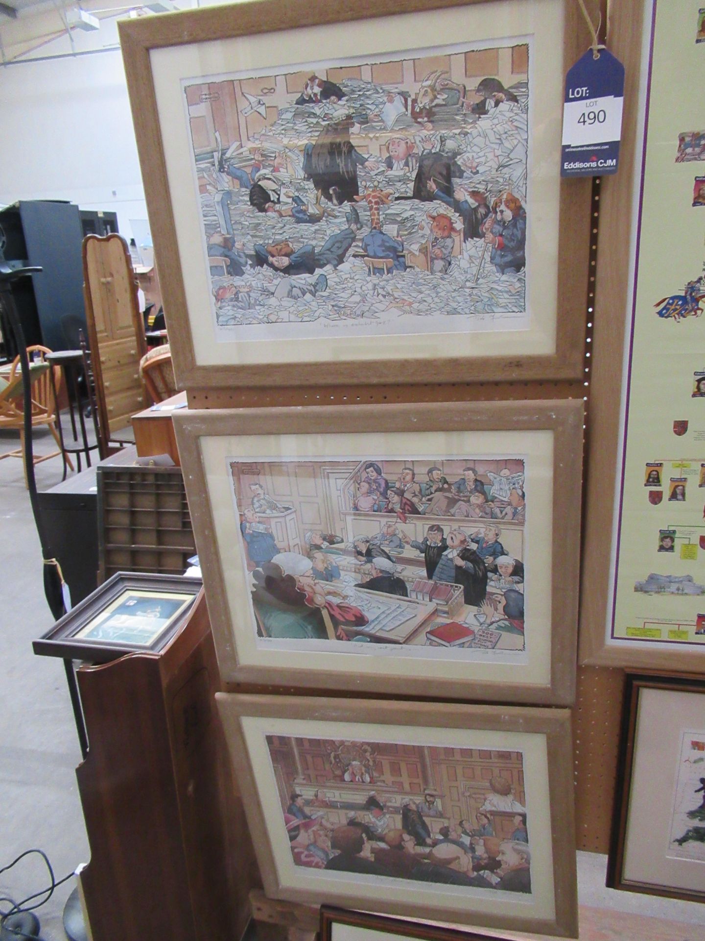 Three Bob Farndon Comedic Court Room Prints (33cm x 42cm)