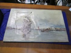Under Sail Leaving Port by C.J Lauder signed (in need of repair) (121cm x 76cm)
