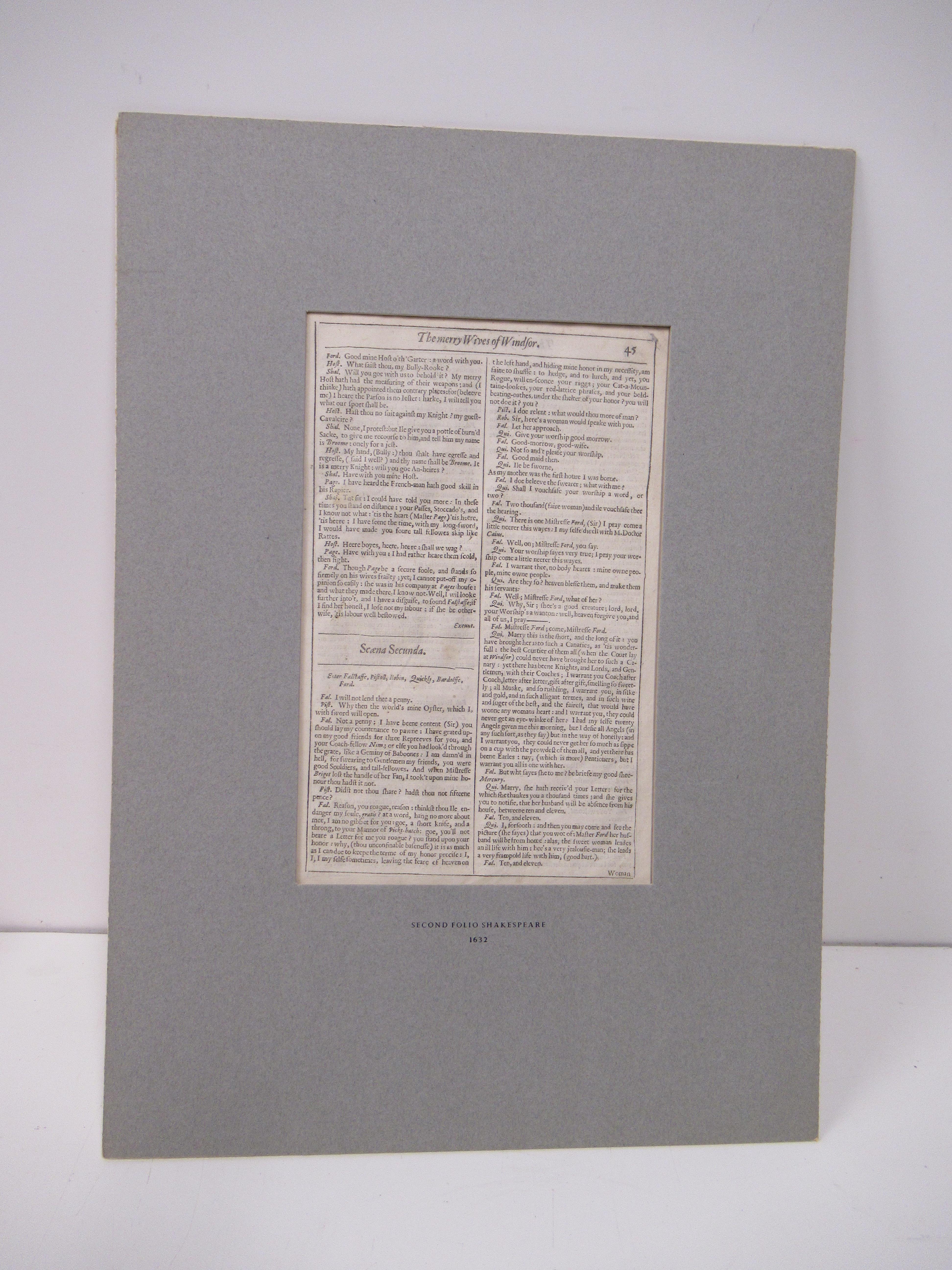 Shakespeare's 2nd Folio. A Single Page 'The Merry Wives of Windsor' Mounted - Image 4 of 9