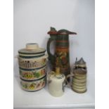 Shelf of German themed items including Tankard, Stein, bottles etc