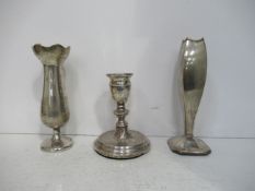 3 x Weighted Silver Items (2 x Vases and a Candlestick) Stamped Birmingham 1010/11, 1914/15 and 1972