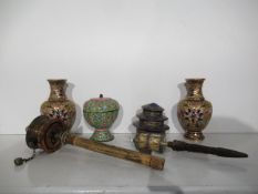 Tibetan Prayer Wheel with another, Four Metal Painted Items, Two Vases and Two Containers