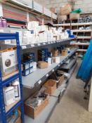 Four Bays of A-Frame Display Shelving and steel rack and contents of silicone, screws, fixings,