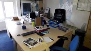 Contents of Office to Include 3 Melamine Wave Shape Desks, 2 Multi Swivel Executive Chairs, Melamine