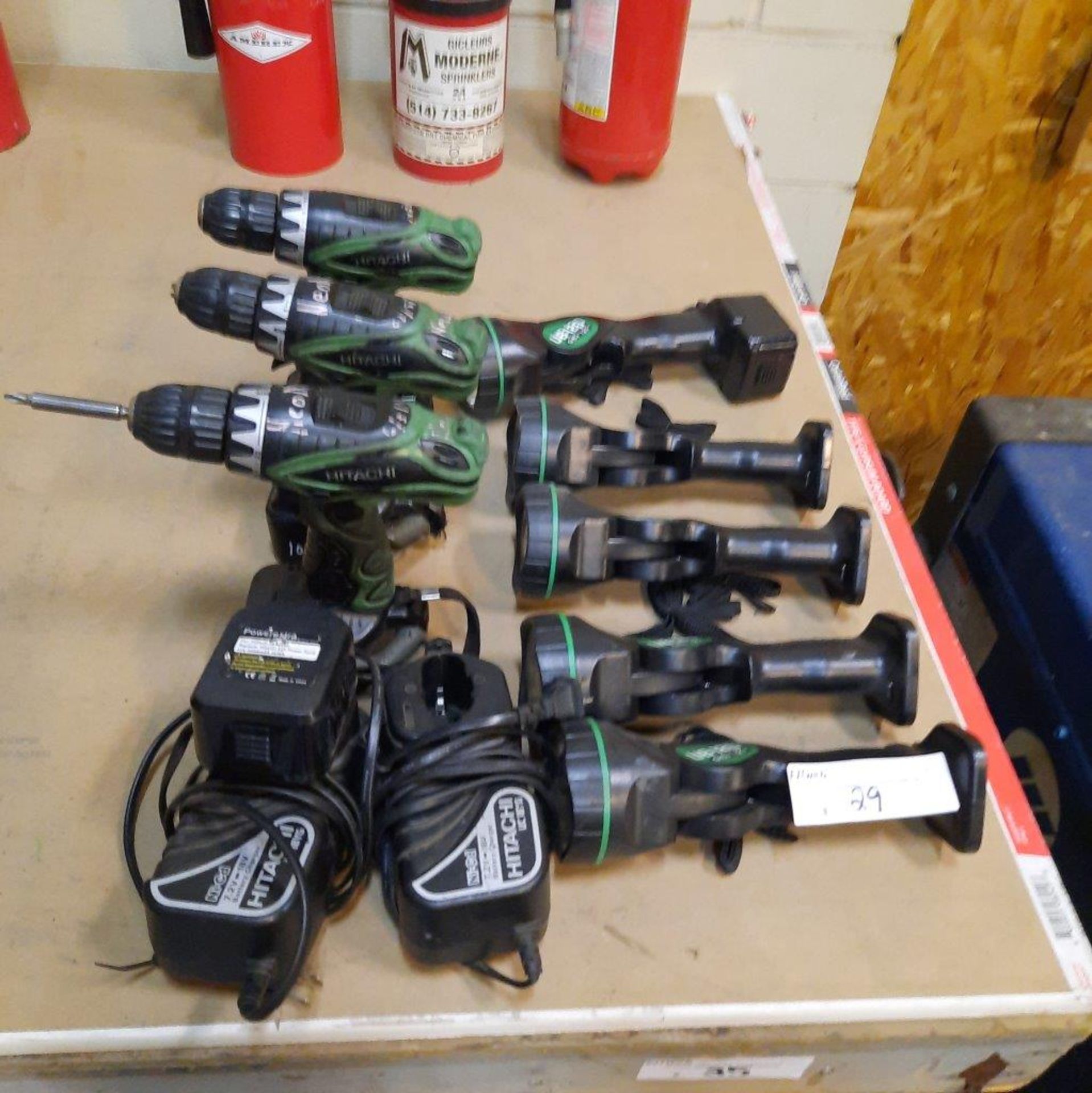 LOT: HITACHI Cordless Tools (3 Drills, 4 Lights, 2 Chargers, 5 Batteries)