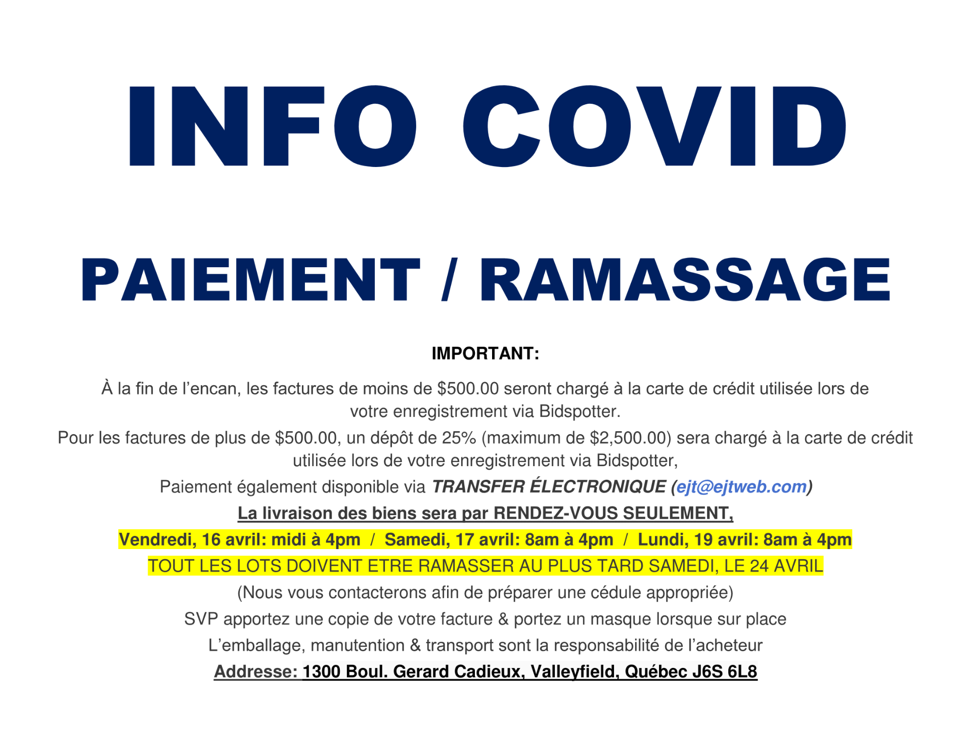 INFO COVID - PAIEMENTS & RAMASSAGE