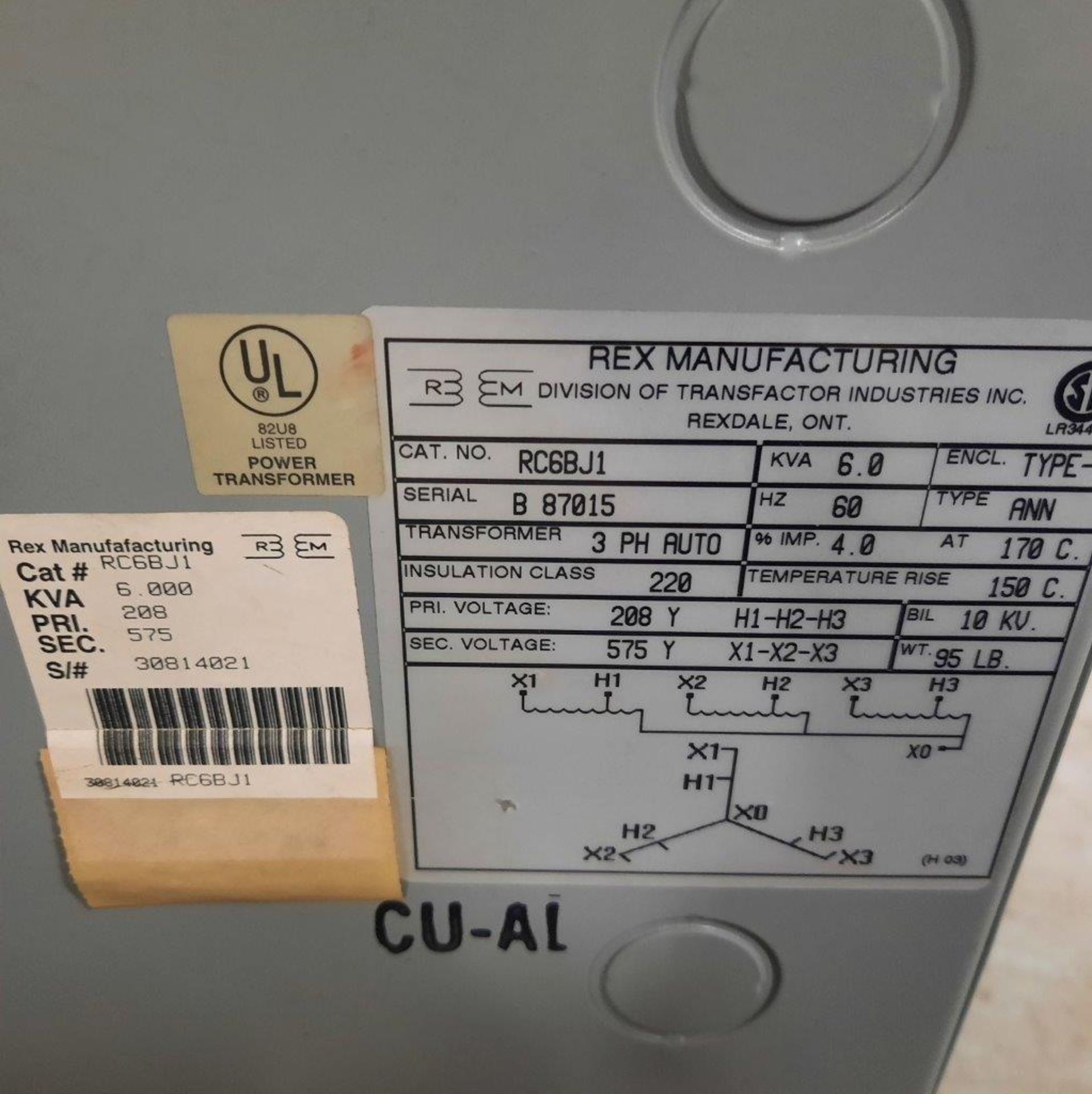 REX Transformer, mod: RC6BJ1, 600 V. - 6.0 KVA, 3-Phase, 170 Lbs. - Image 2 of 4