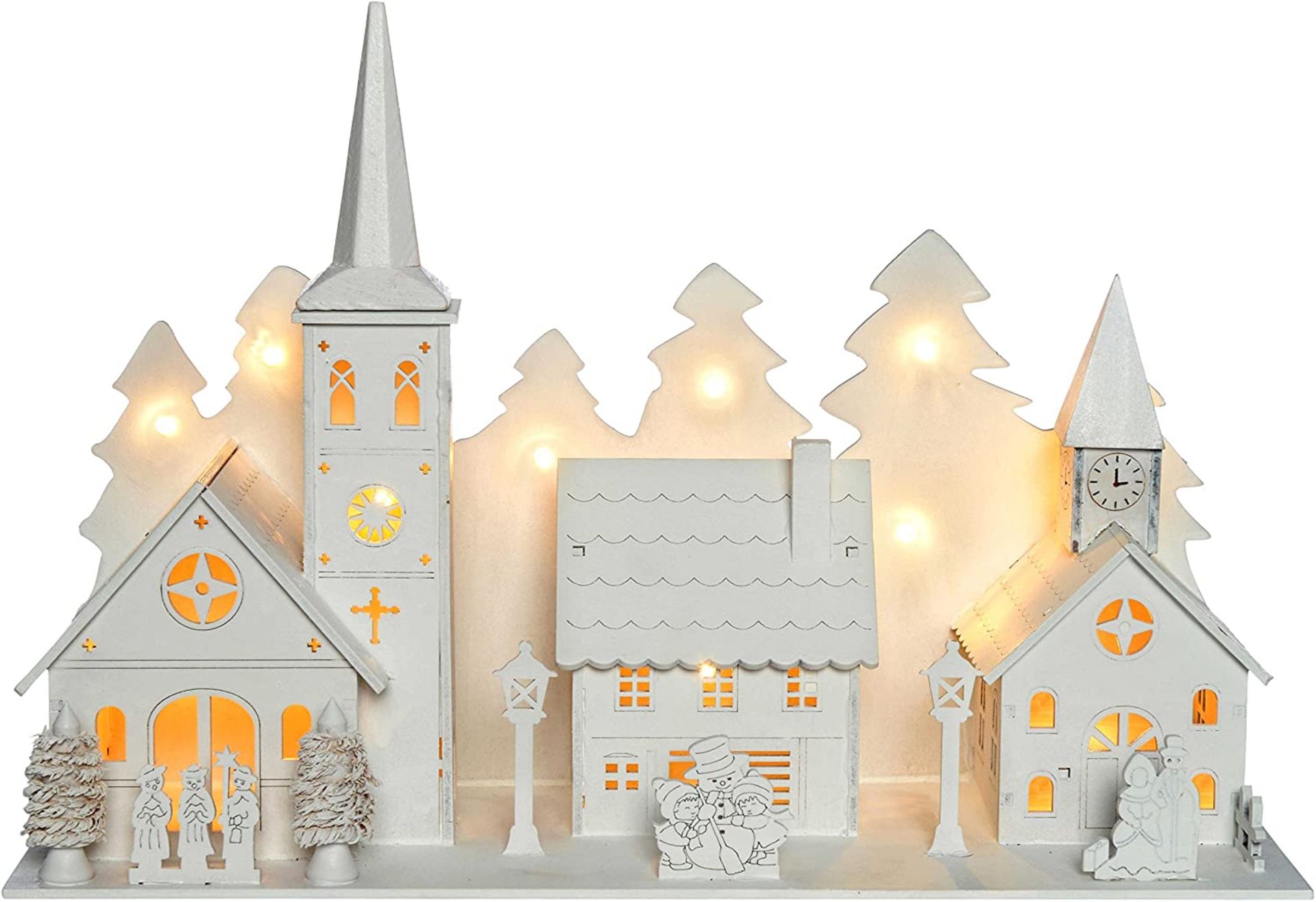 WeRChristmas Pre-Lit Wooden Church Village Scene Illuminated with 12-LED Lights, 24 cm - White