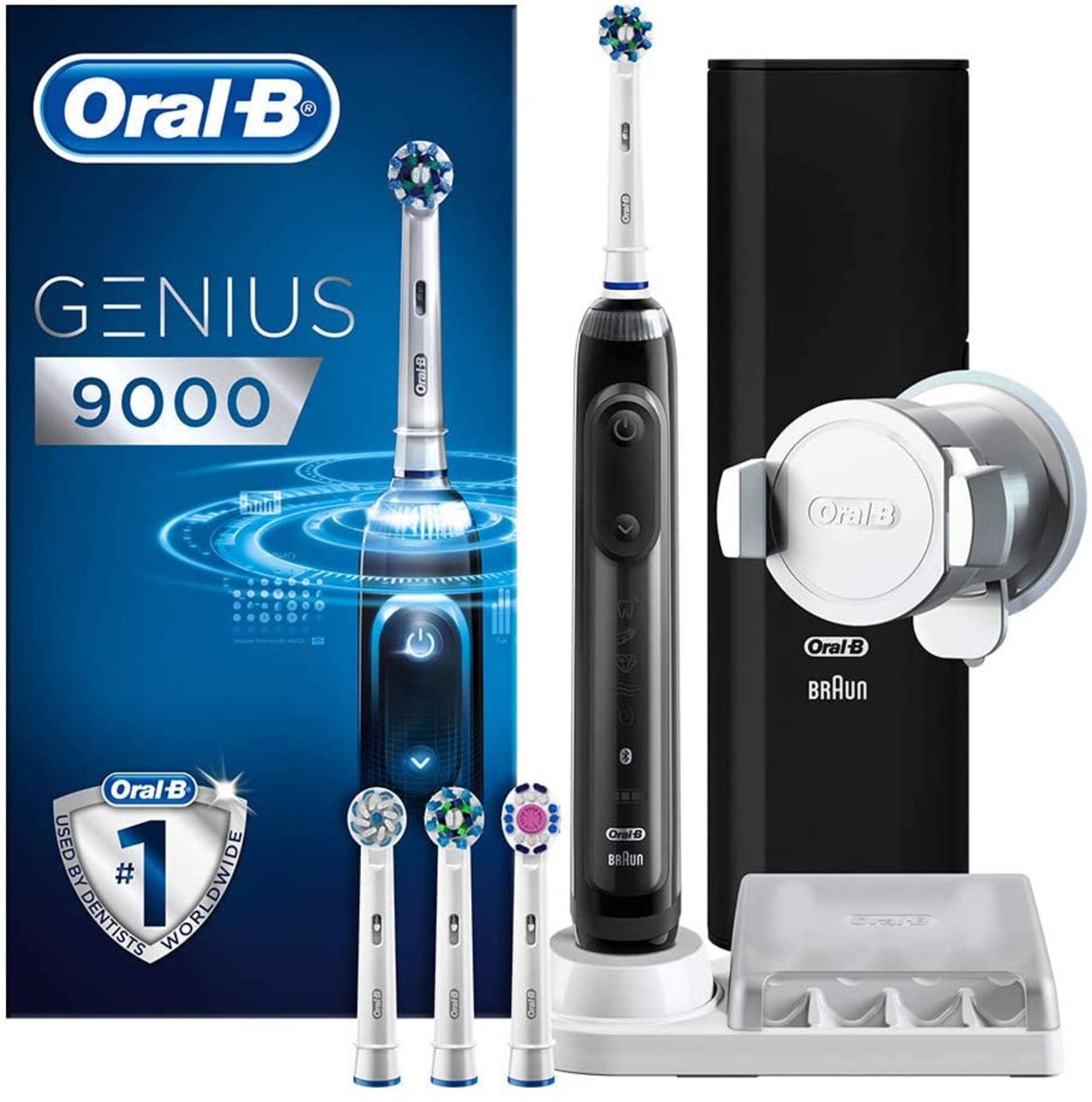 Oral-B Genius 9000 CrossAction Electric Toothbrush, 1 Black App Connected Handle, 6 Modes, Pressure