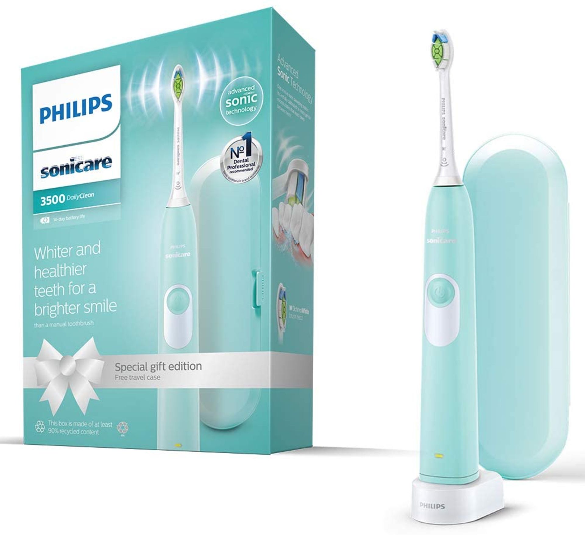 RRP £45 Philips Sonicare DailyClean 3500 Electric Toothbrush, Mint Green, with Travel Case and Optim