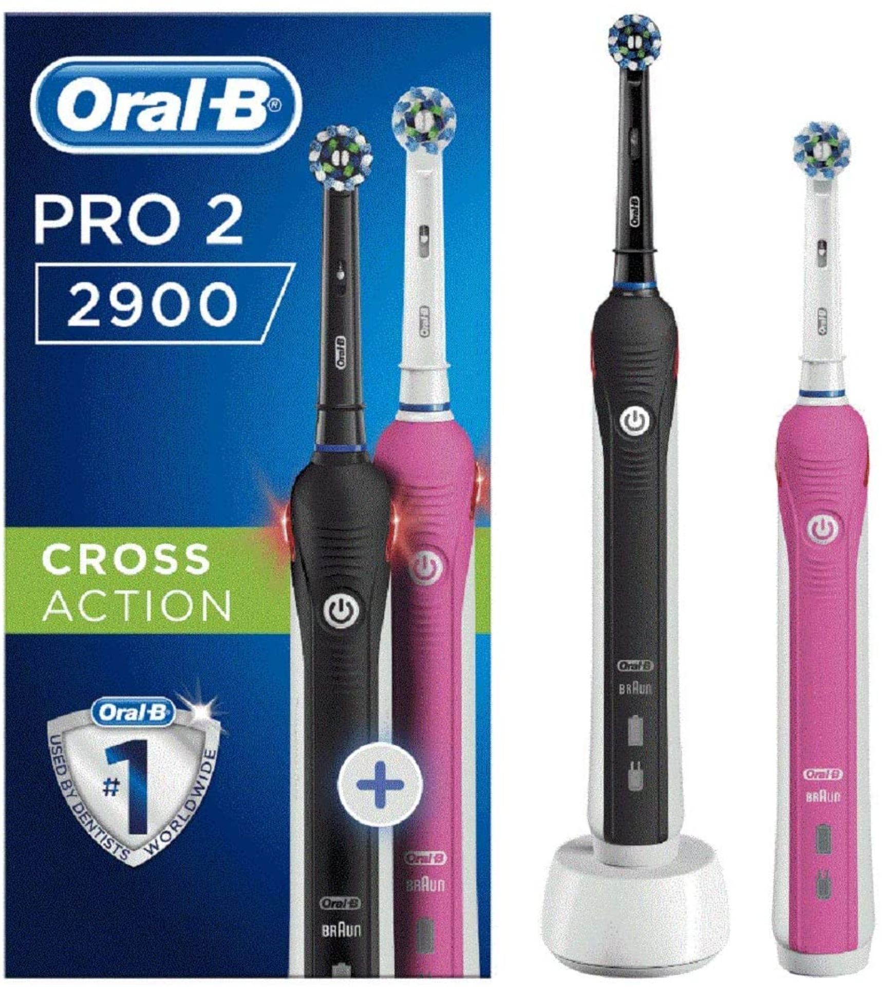 RRP £60 Oral-B Pro 2 2900 Set of 2 CrossAction Electric Rechargeable Toothbrushes, 1 Black and 1 Pin