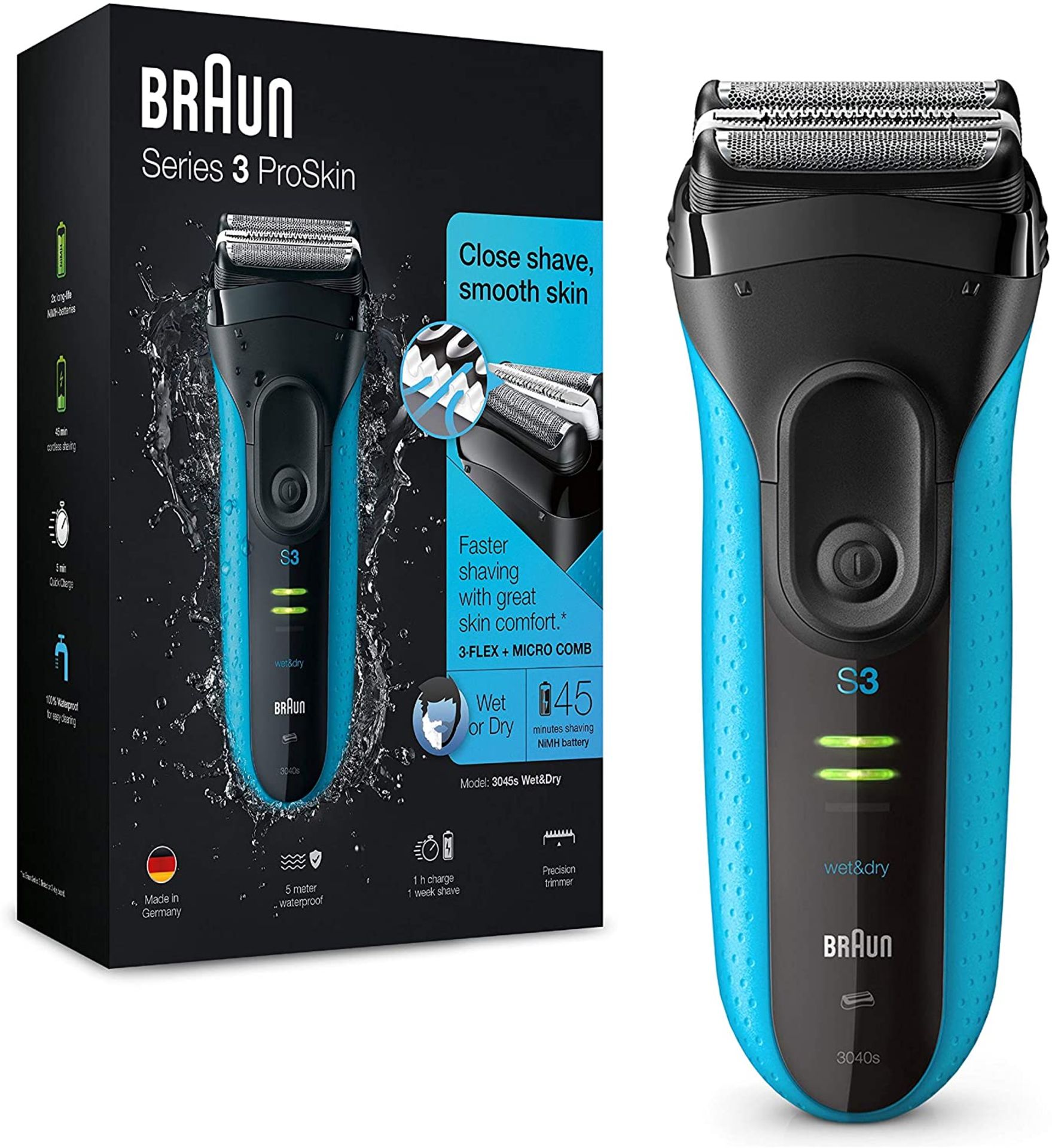 RRP £50 Braun Series 3 ProSkin 3040s Electric Shaver, Wet and Dry Electric Razor for Men with Pop Up