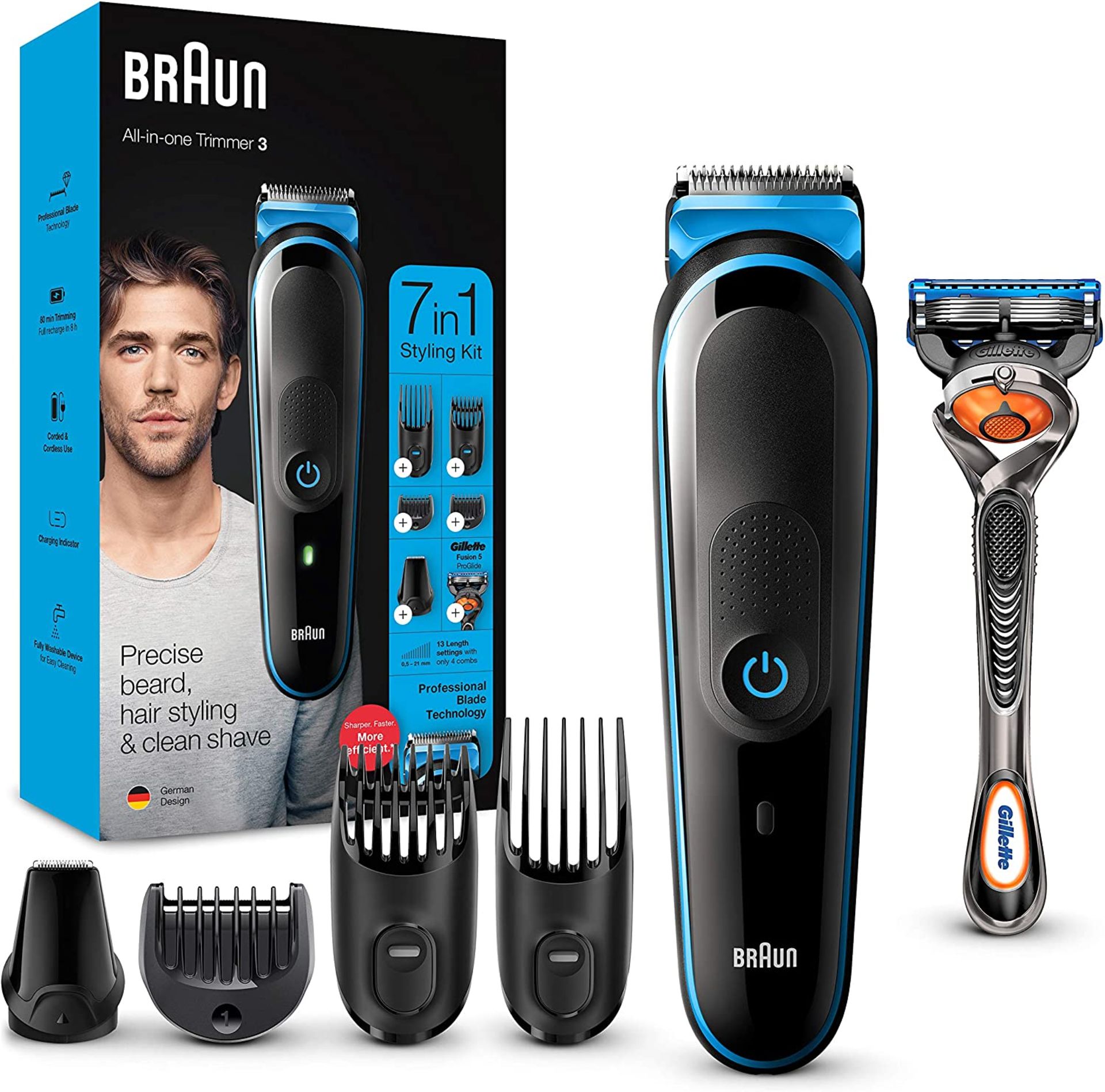 RRP £25 Braun 7-in-1 All-in-one Trimmer 3 MGK3245, Beard Trimmer for Men, Hair Clipper and Face Trim