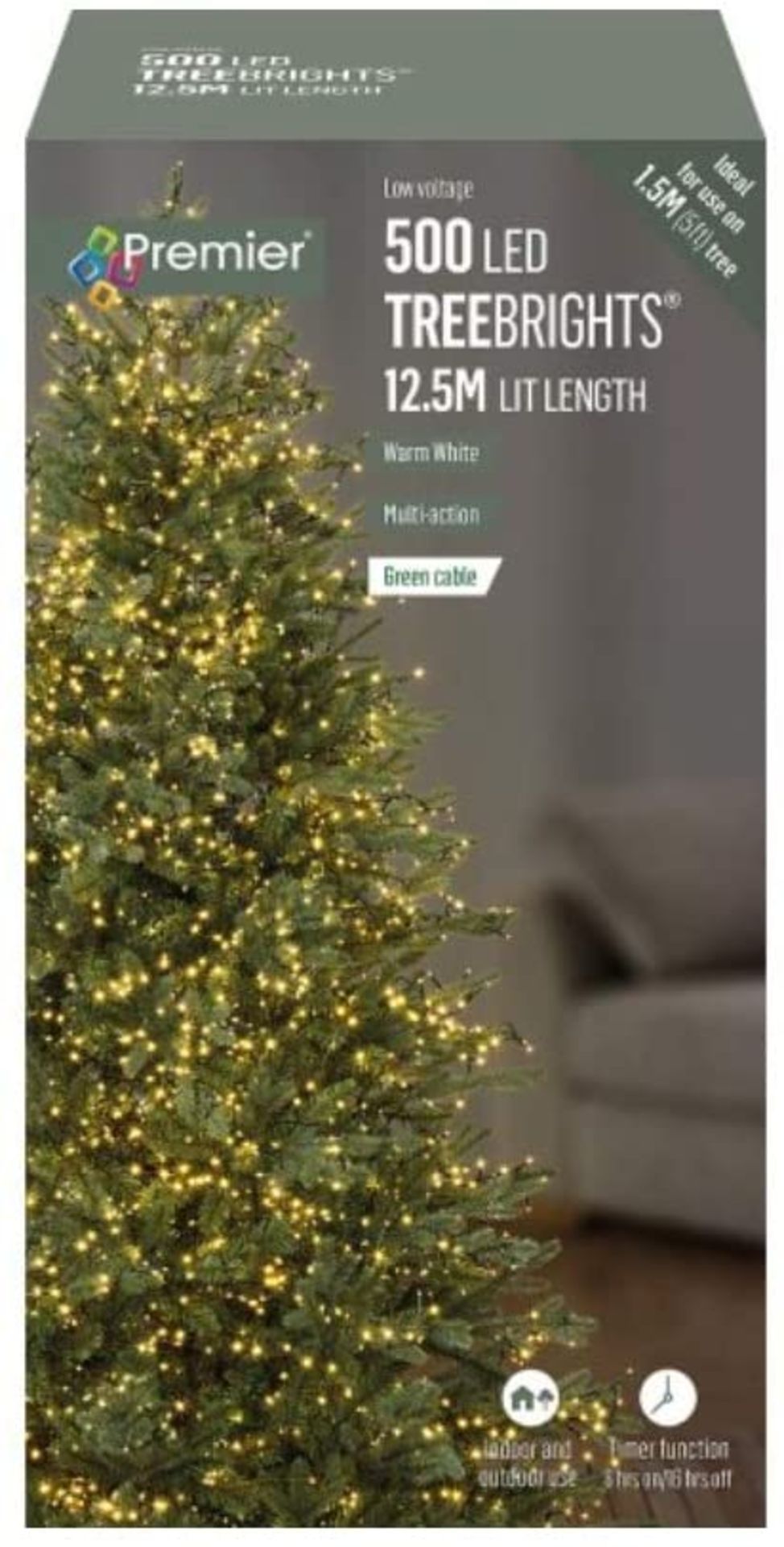 Premier Decorations 500 Supabright Christmas TREEBRIGHT Festive Lights, Warm White LEDs with Green C