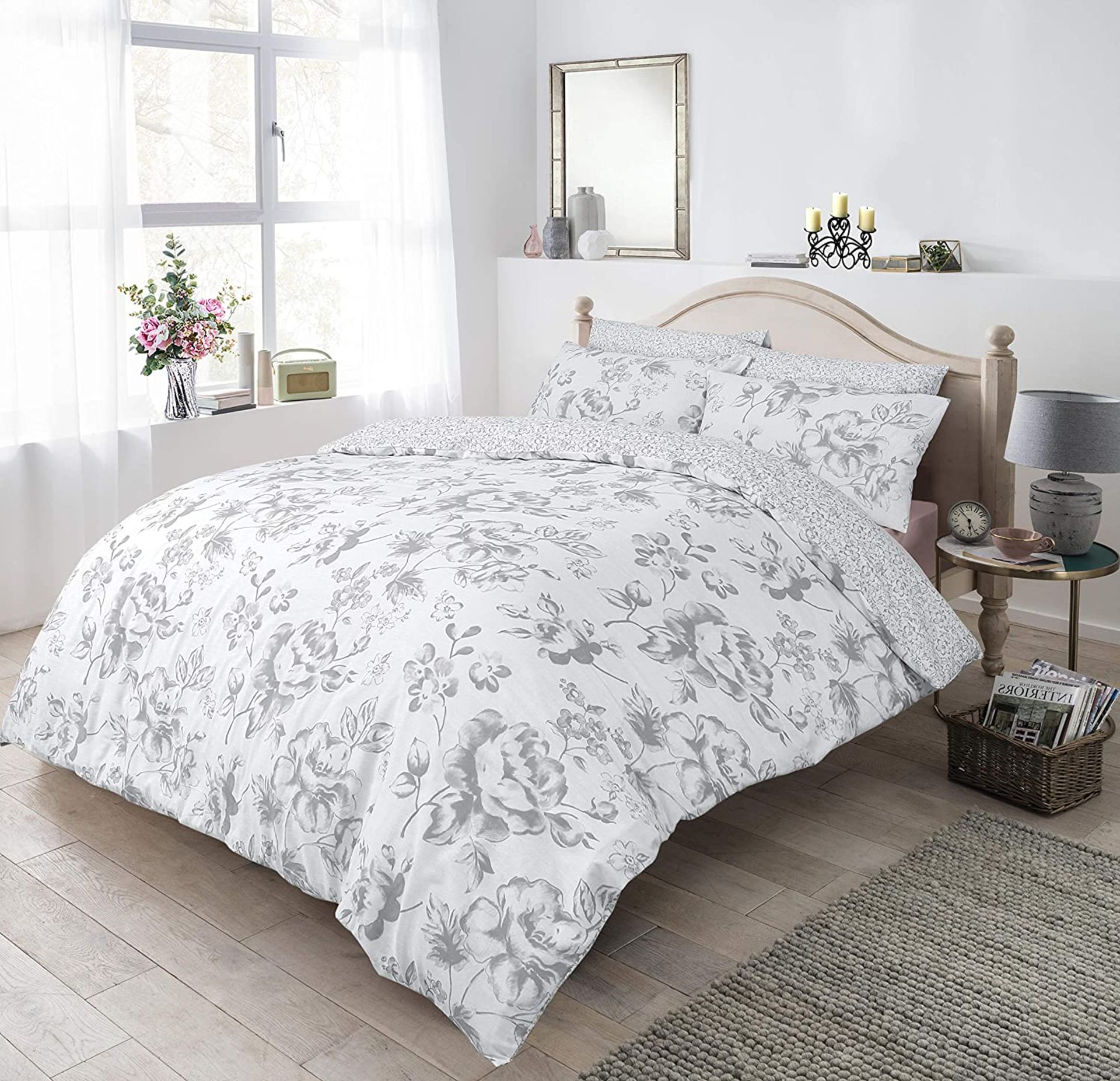 Sleepdown Floral Monochrome Grey Duvet Set - King Size Bedding Quilt Cover & Pillowcases Good Nights