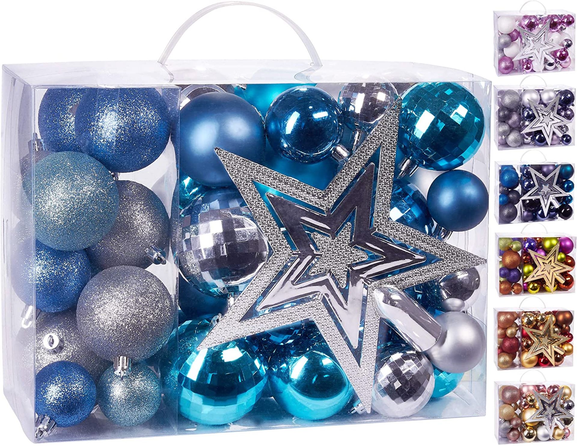 BRUBAKER 50-Piece Set Christmas Balls with Tree Top - Baubles - Christmas Tree Decorations in Blue S