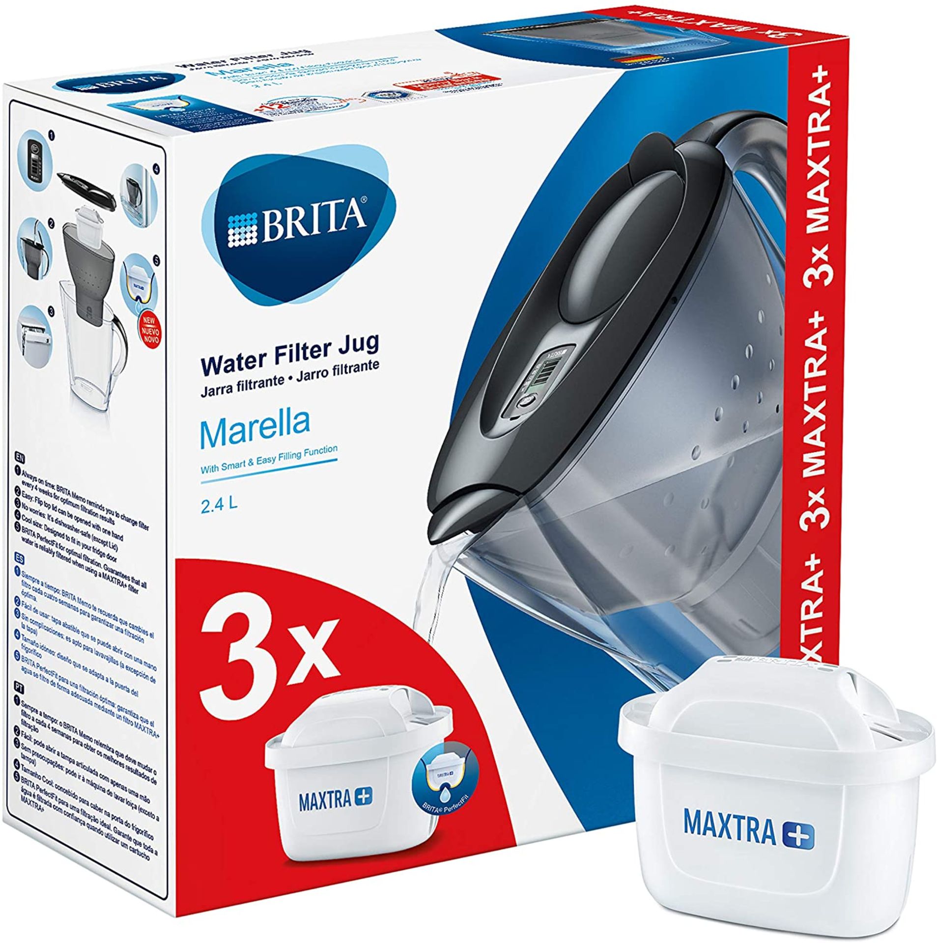 BRITA Marella Fridge water filter jug for reduction of chlorine, limescale and impuities, Graphite,