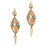 ANTIQUE PAIR OF TURQUOISE EARRINGS, SECOND HALF 19TH CENTURY in yellow gold, designed in the