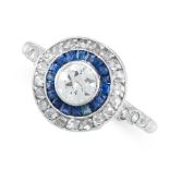 ART DECO DIAMOND AND SAPPHIRE TARGET RING, 1920S mounted in white gold, centred on a collet-set