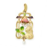 ART NOUVEAU ENAMEL, PEARL, SEED PEARL AND DIAMOND PENDANT, CIRCA 1900 designed as a girl in