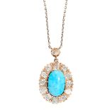 TURQUOISE AND DIAMOND PENDANT NECKLACE, EARLY 20TH CENTURY of cluster design, set with a cabochon