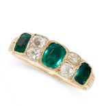 EMERALD AND DIAMOND RING mounted in yellow gold, collet-set with three cushion-shaped emeralds